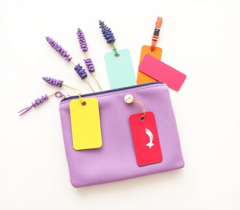 Lavender travel pouch with luggage tags